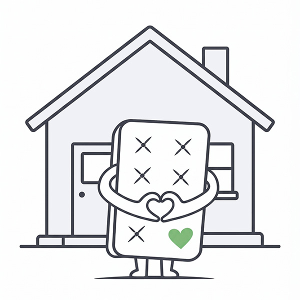 Mattress mascot standing in front of a house