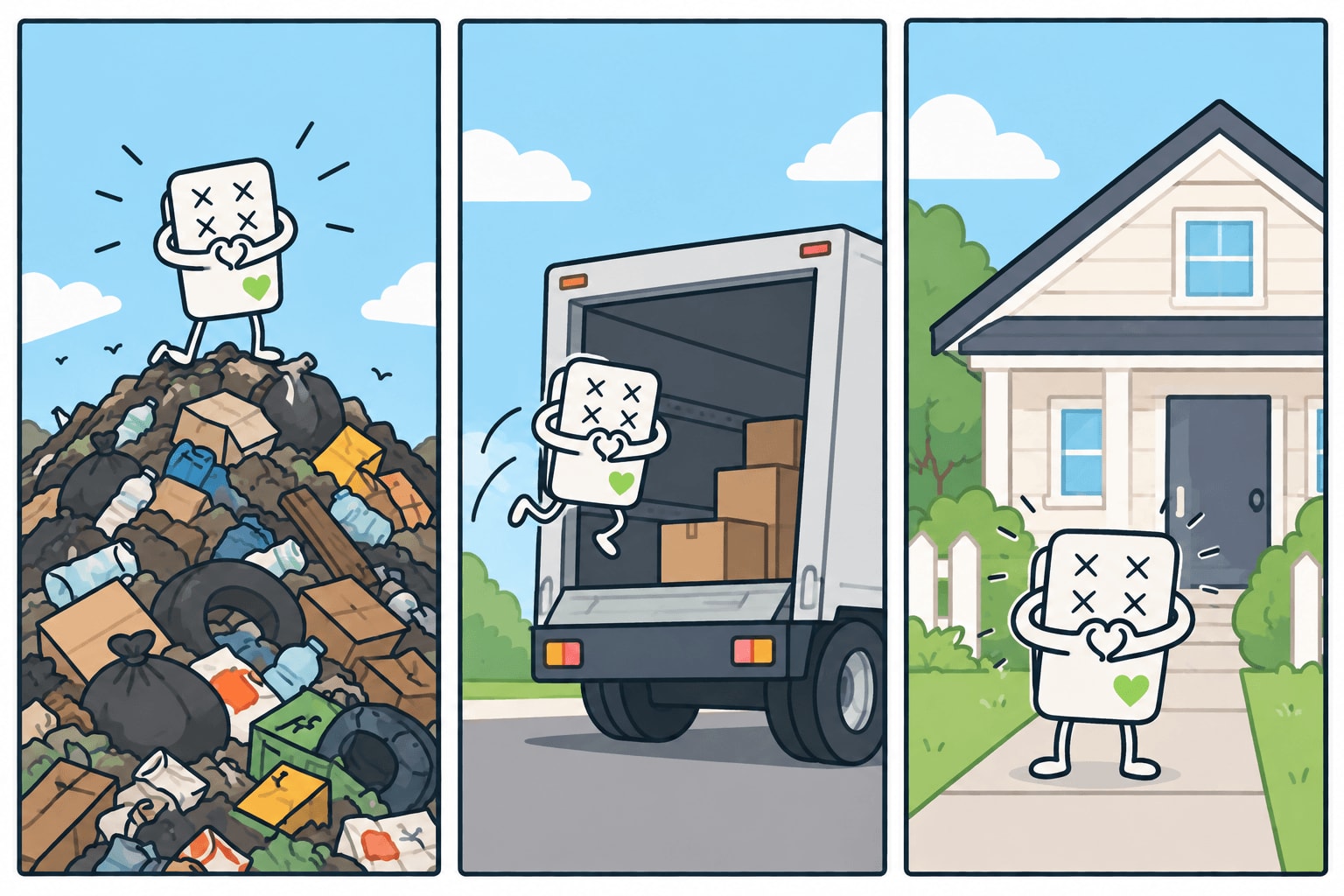 Illustrated comic of the Save My Mattress mascot journeying from a landfill pile, into the collection truck, to a happy new home